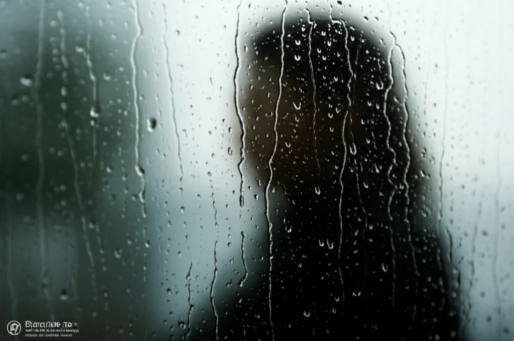 Fotografia macro di gocce di pioggia su un vetro di finestra, con una figura umana sfocata e sola visibile all'interno; alta definizione dei dettagli delle gocce, illuminazione controllata per creare un'atmosfera malinconica, obiettivo macro 100mm.