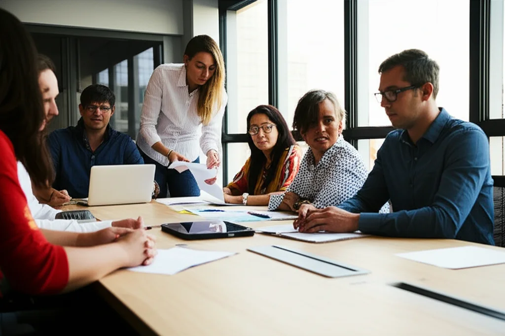 Foto di una riunione di un comitato di governance accademica in una sala moderna, persone diverse attorno a un tavolo discutono animatamente con documenti sparsi, luce naturale da grandi finestre, obiettivo zoom 24-70mm, profondità di campo media per includere tutti i partecipanti.