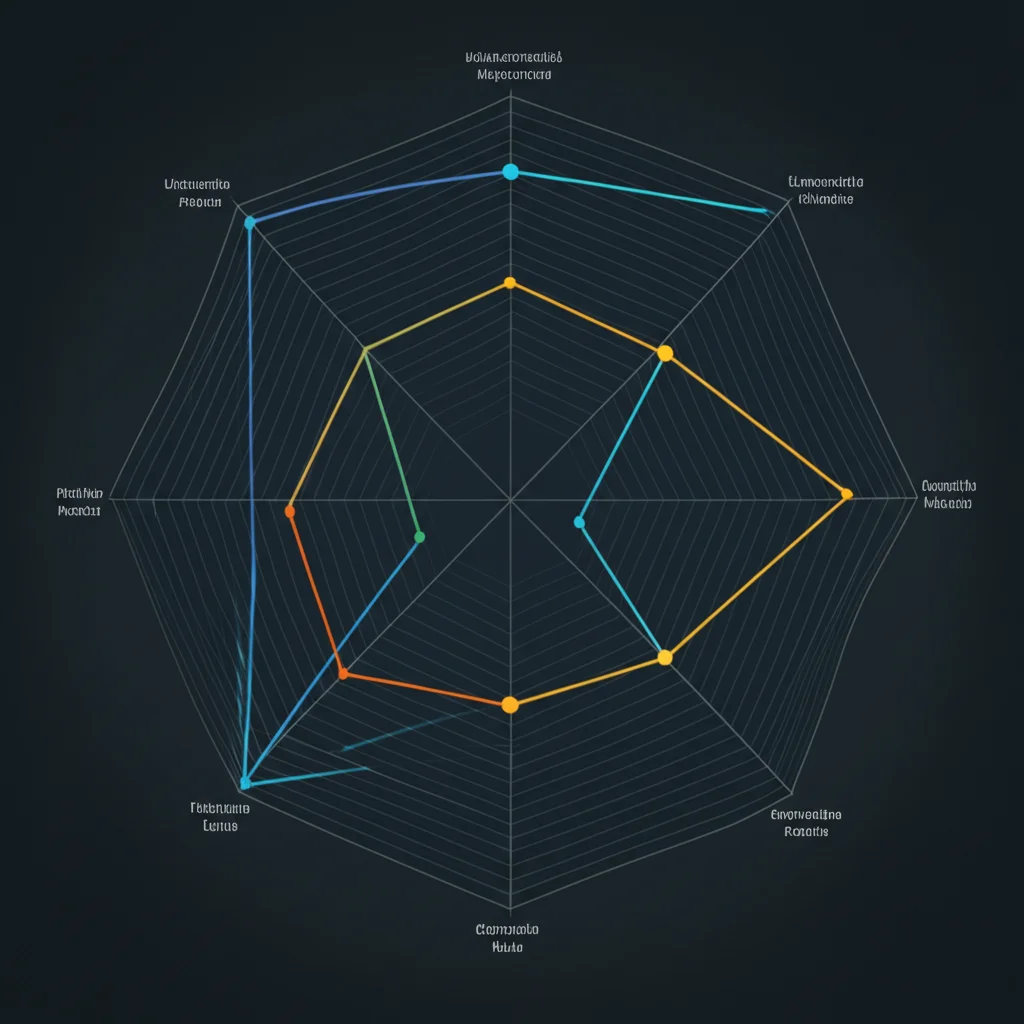 Grafico a radar stilizzato che mostra i punteggi di un'università fittizia su diverse dimensioni dell'integrità accademica, colori vivaci su sfondo scuro, alta definizione, focus sui dati visualizzati.
