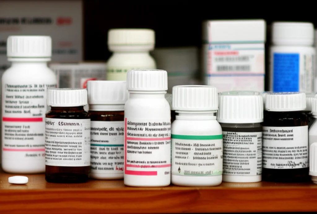 Fotografia macro di alcune scatole di farmaci e kit diagnostici parzialmente vuote su uno scaffale di legno in un magazzino di una clinica ugandese. Obiettivo macro 100mm, illuminazione controllata dall'alto, alta definizione dei dettagli delle etichette e della polvere.