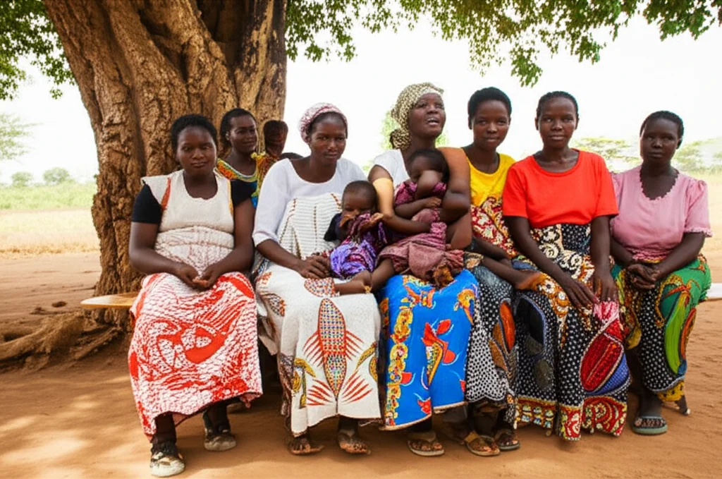 Fotografia grandangolare di un piccolo gruppo di donne ugandesi con bambini sedute sotto un albero fuori da una clinica, mentre ascoltano un operatore sanitario. Obiettivo grandangolare 24mm, luce solare pomeridiana calda, focus nitido sul gruppo, paesaggio rurale sullo sfondo.