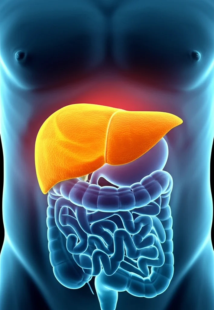 Illustrazione medica dettagliata del torso umano che mostra l'accumulo di grasso viscerale attorno agli organi addominali, in particolare il fegato che appare ingrossato e giallastro (steatosi). Illuminazione da studio controllata, stile macro 80mm per evidenziare la texture del grasso e degli organi, alta definizione.