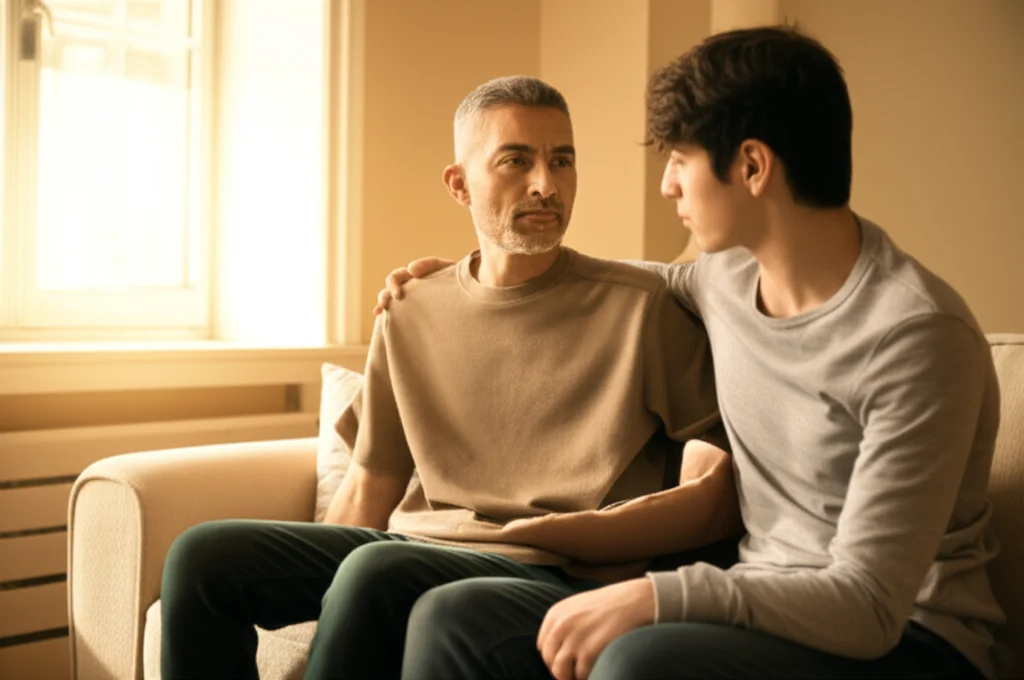 Fotografia di ritratto, un genitore e un adolescente seduti vicini su un divano, conversazione seria ma affettuosa, luce naturale dalla finestra, obiettivo 35mm, profondità di campo ridotta per sfocare lo sfondo, toni caldi.