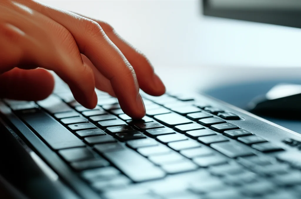 Primo piano macro di una tastiera di computer illuminata, le dita di un adolescente che digitano velocemente, riflesso dello schermo negli occhiali del ragazzo, illuminazione controllata e drammatica, obiettivo macro 90mm, alto dettaglio.