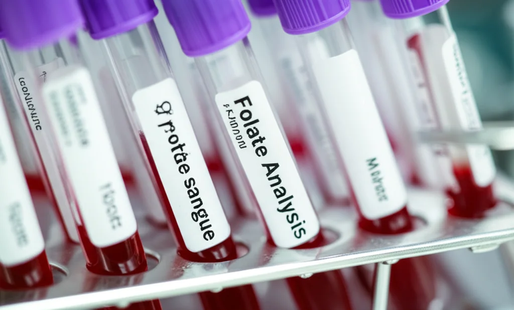 Immagine macro con lente da 100mm di provette di sangue in un rack da laboratorio, con focus su una provetta etichettata 'Folate Analysis'. Illuminazione controllata da laboratorio, alta definizione per mostrare i dettagli delle etichette e del siero.