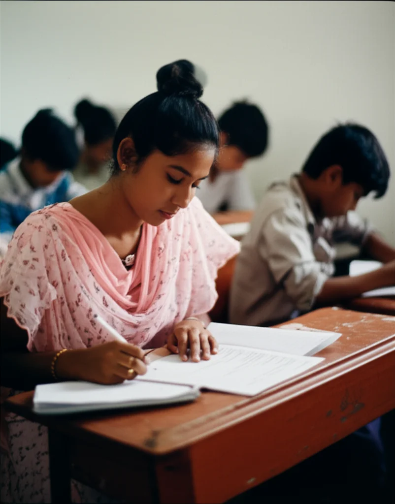 Group of diverse adolescents in a bright school classroom in Bangladesh, focused on filling out questionnaires, 35mm portrait, depth of field.