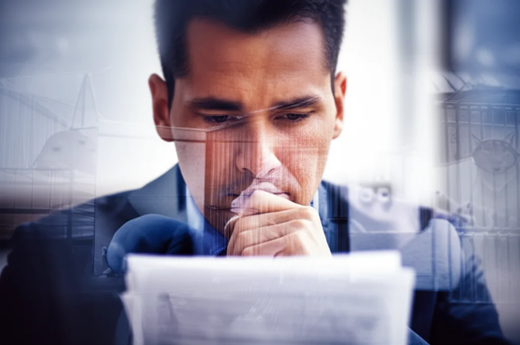 Photorealistic image, 35mm portrait, a thoughtful person looking at legal texts, overlaid with subtle, abstract images of caged animals, depth of field.