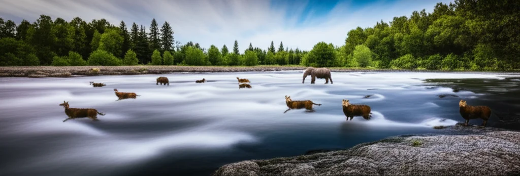 Photorealistic image, wide-angle landscape 24mm, a vibrant, peaceful natural scene with diverse animals coexisting freely, long exposure, sharp focus.
