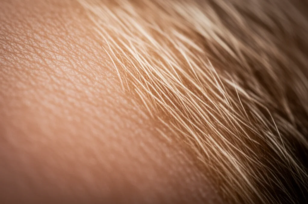 Photorealistic image, 60mm macro lens, close-up detail of interwoven textures, perhaps human skin and animal fur, suggesting connection and vulnerability, high detail, precise focusing.