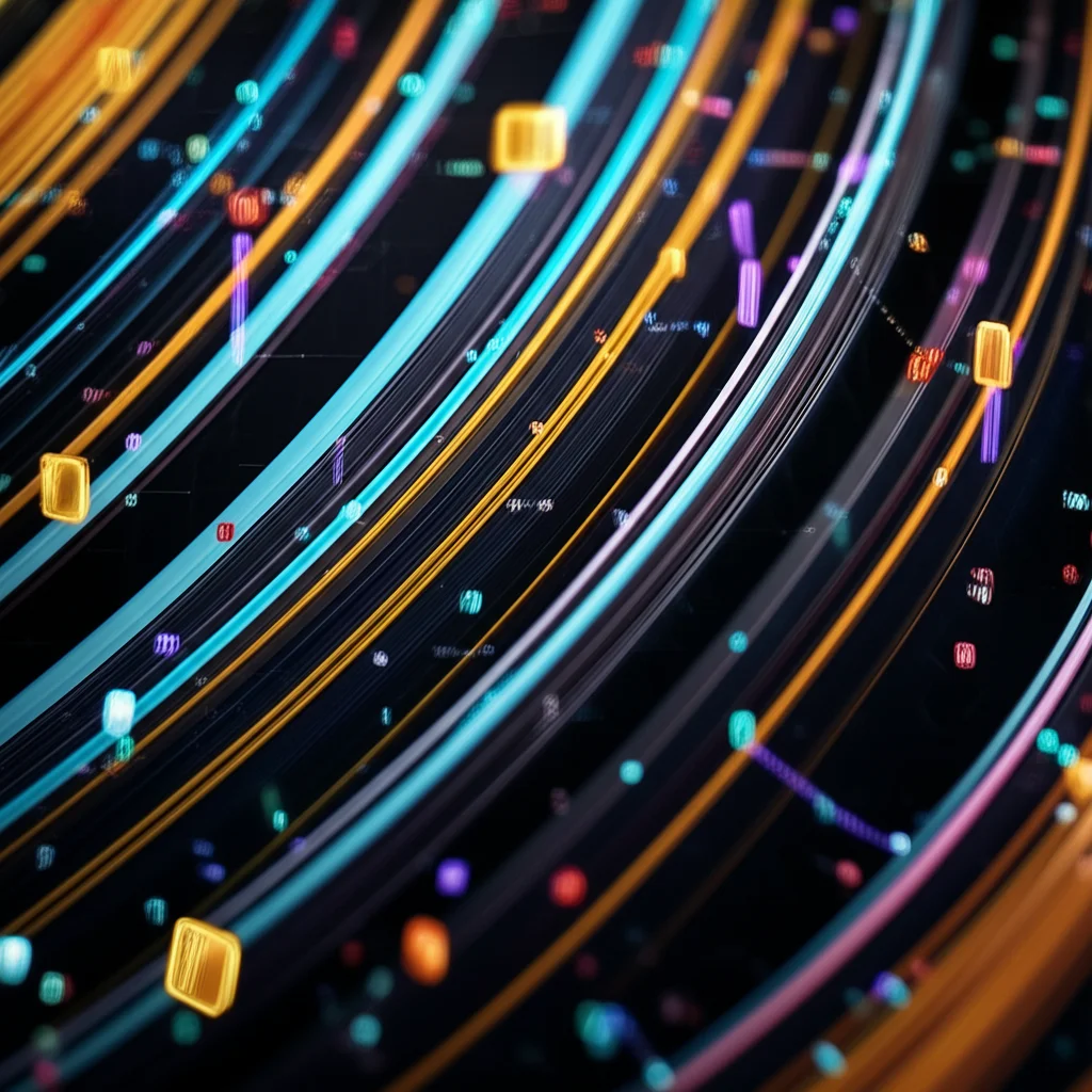 Abstract representation of complex data streams and different coding systems intertwining, wide-angle 24mm, sharp focus, controlled lighting.
