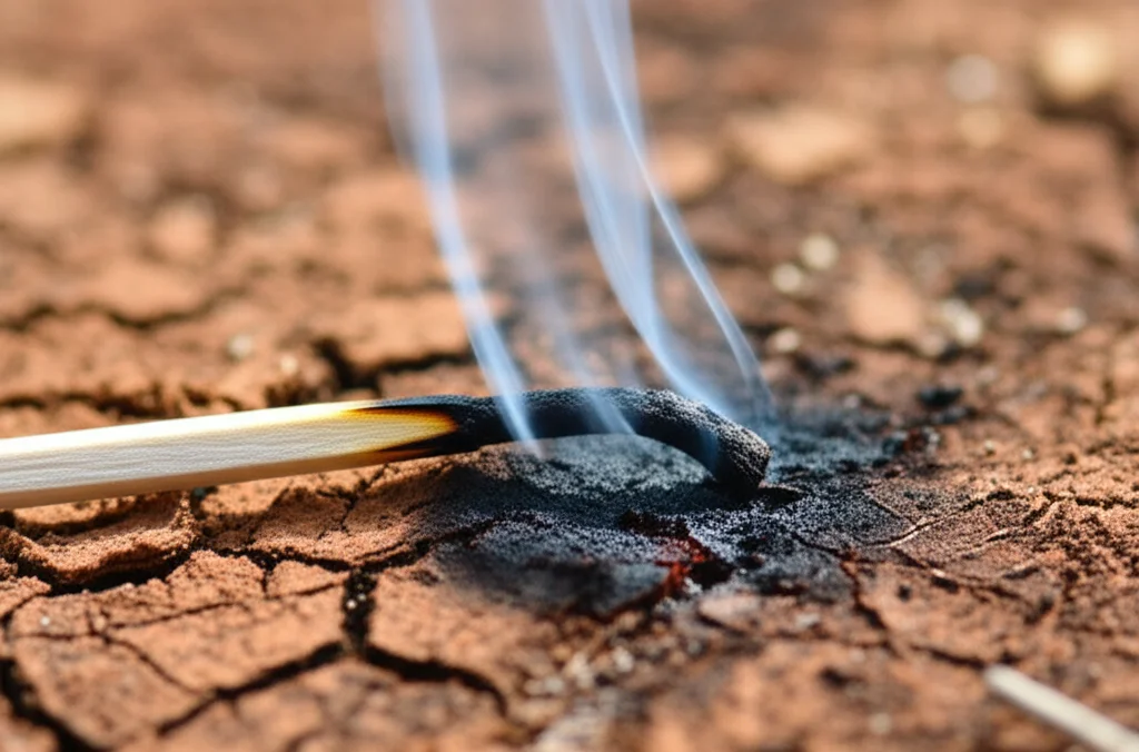 Fotografia macro di un fiammifero appena spento su un terreno arido e screpolato della macchia mediterranea valenciana, simbolo del pericolo incendi latente. Lente macro 90mm, alta definizione, luce controllata per enfatizzare la texture del terreno e il fumo sottile che sale.