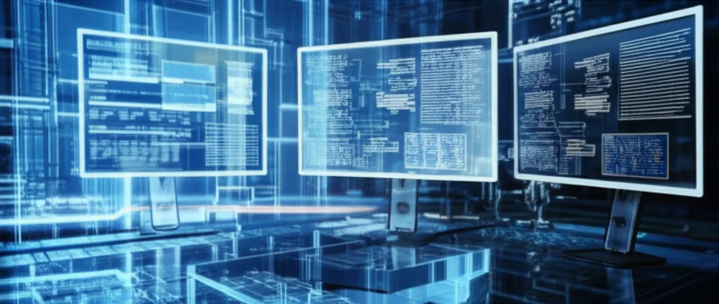 A laboratory setting with screens displaying complex data structures and flowcharts, macro lens, 60mm, high detail, precise focusing.