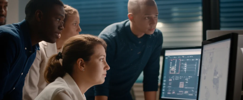 A diverse group of researchers looking at complex data visualizations on screens, portrait photography, 35mm portrait, depth of field.