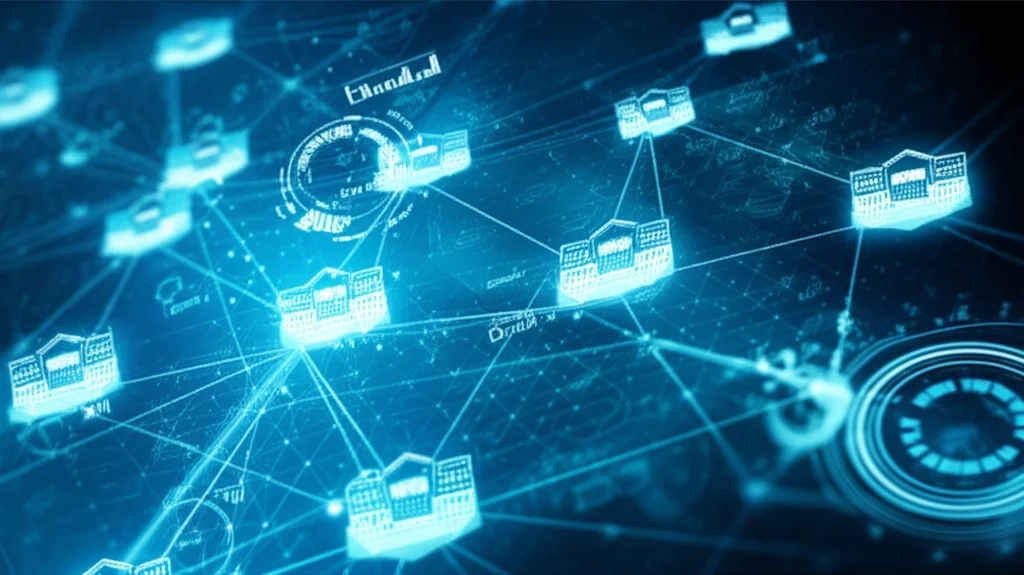 Abstract representation of secure data flow in a healthcare network, featuring interconnected nodes representing hospitals, with blockchain blocks symbolizing secure data packets, telephoto zoom lens, movement tracking, high detail.