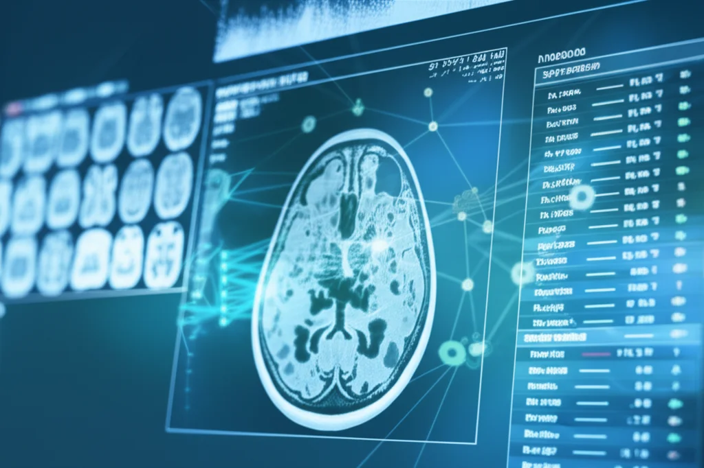 Close-up macro shot of a computer screen displaying complex medical imaging data overlaid with blockchain network graphics and AI model parameters, controlled lighting, high detail, precise focusing.