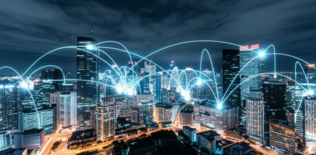 Wide-angle landscape view of a futuristic, interconnected city skyline at night, with glowing lines representing secure data pathways between buildings, long exposure times, sharp focus, smooth clouds.
