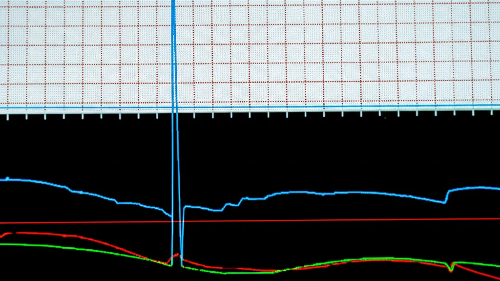 Macro fotografia, obiettivo 85mm, di un tracciato cartaceo di cardiotocografia (CTG) che mostra le linee della frequenza cardiaca fetale e delle contrazioni uterine. Un segmento della linea della frequenza cardiaca fetale è piatto o assente, indicando un dropout del segnale. Illuminazione controllata, alto dettaglio.