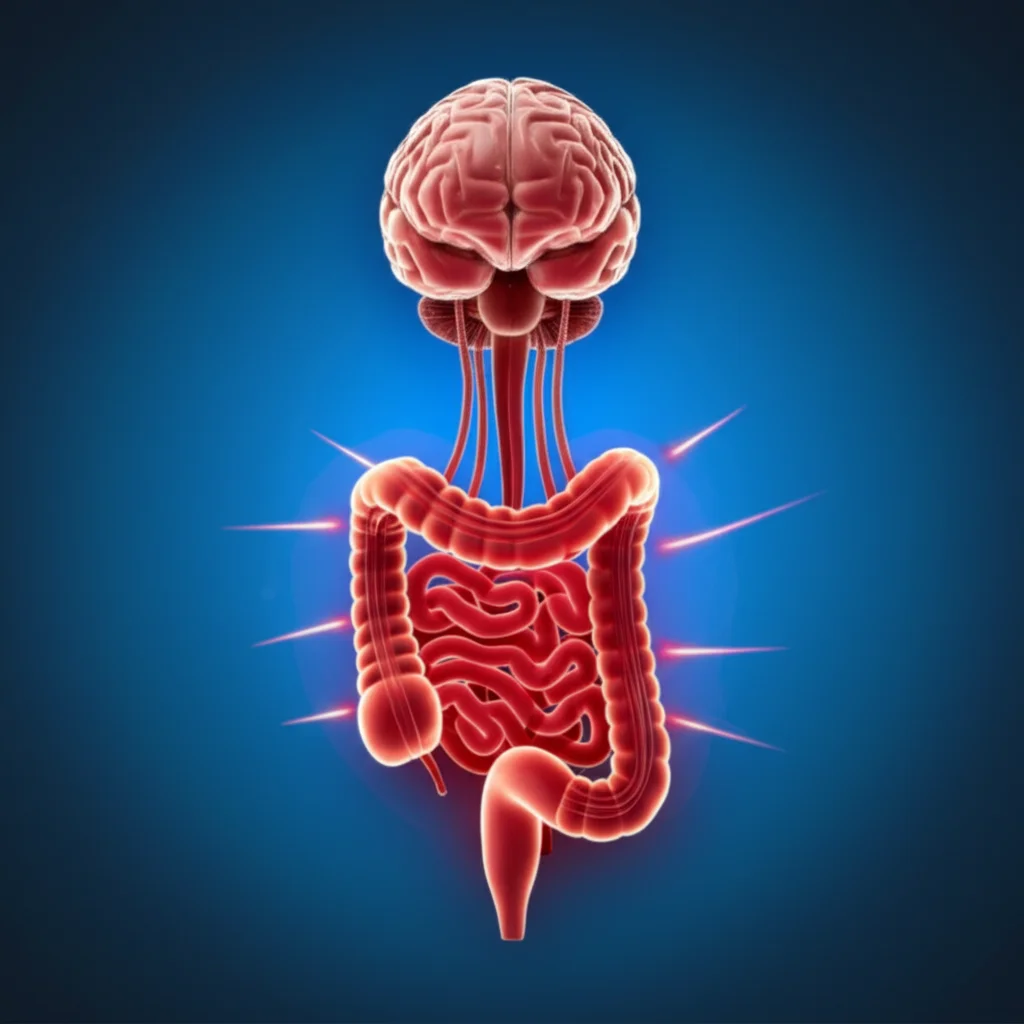 Conceptual image showing a brain connected to a stylized gut, with red stress signals flowing from the brain to the gut lining, illustrating the brain-gut axis under pressure, wide-angle lens, sharp focus.