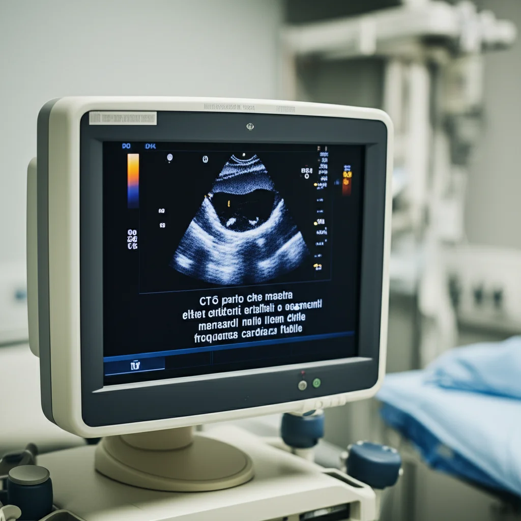 Fotografia sportiva, teleobiettivo zoom 150mm, di un monitor CTG in una sala parto che mostra un tracciato con evidenti artefatti o segmenti mancanti nella linea della frequenza cardiaca fetale. Messa a fuoco precisa sul display, sfondo leggermente sfocato. Fast shutter speed.