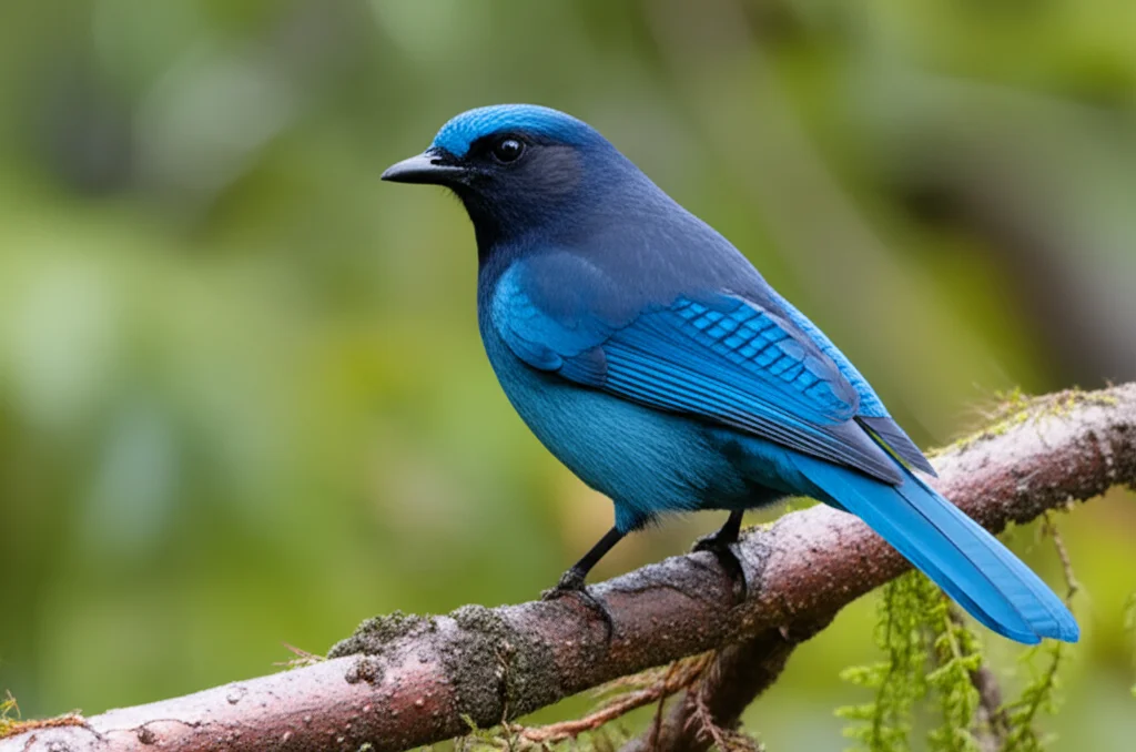 Immagine fotorealistica di una Ghiandaia di Steller (Cyanocitta stelleri) appollaiata su un ramo muschioso in una foresta pluviale temperata, teleobiettivo zoom 200mm, messa a fuoco nitida sull'uccello, sfondo sfocato che mostra il fitto fogliame tipico dell'Isola Principe di Galles, Alaska.