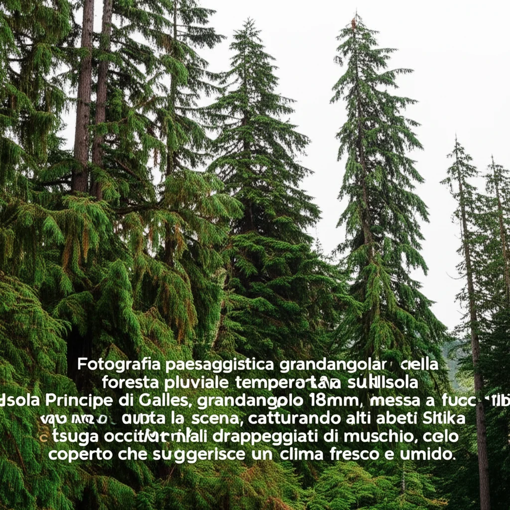 Fotografia paesaggistica grandangolare della foresta pluviale temperata sull'Isola Principe di Galles, Alaska, grandangolo 18mm, messa a fuoco nitida su tutta la scena, catturando alti abeti Sitka e tsuga occidentali drappeggiati di muschio, cielo coperto che suggerisce un clima fresco e umido.