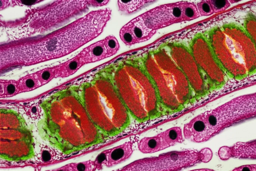 Microscopic view of intestinal crypts showing stem cells (stained green) and proliferating cells (stained red), with fewer green and red cells visible in a sample from a stressed subject compared to a control, macro lens, 60mm, high detail, controlled lighting.