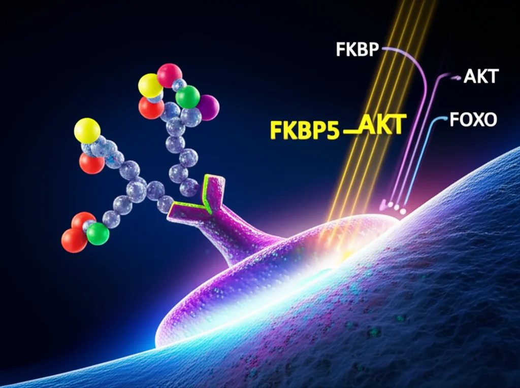 Abstract representation of molecular interactions: a stylized hormone molecule binding to a receptor on a cell surface, triggering a cascade of internal signals, with symbols representing FKBP5, AKT, and FOXO1, precise focusing, controlled lighting.