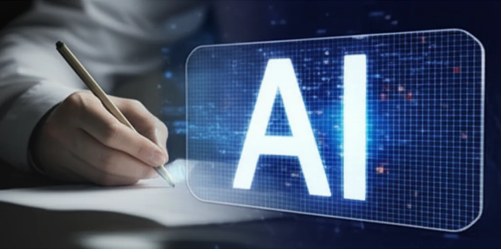 A split image showing a human hand writing on paper next to a glowing screen displaying AI-generated text, 35mm portrait lens, depth of field.