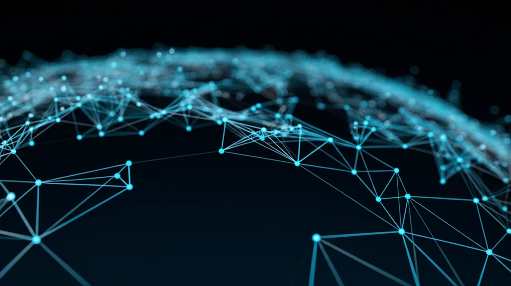 Visualizzazione astratta di pattern di dati spaziali complessi, mostrando cluster di nodi interconnessi che rappresentano relazioni persistenti identificate da Kasumi. Obiettivo grandangolare, 15mm, messa a fuoco nitida, grafica informativa.