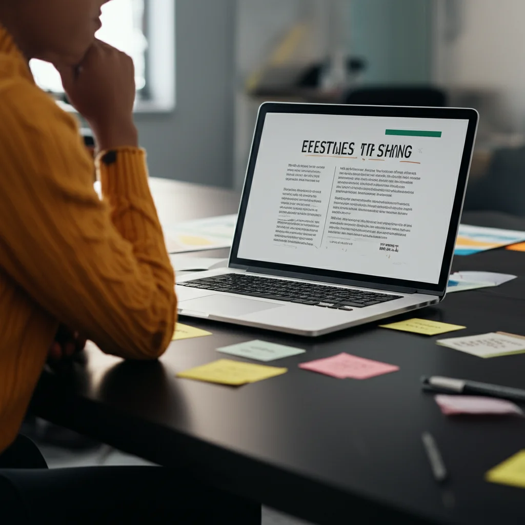 A person sitting at a desk, looking thoughtfully at a laptop screen displaying text, with brainstorming notes scattered around, macro lens, 60mm, controlled lighting.
