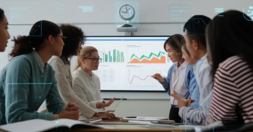 A diverse group of students and a teacher interacting around a screen displaying educational content, with subtle digital overlays suggesting AI assistance, wide-angle lens, 24mm, sharp focus.