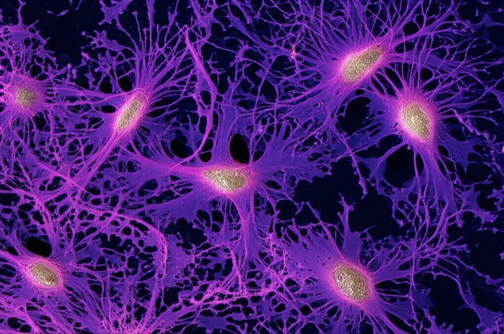 Immagine macro al microscopio elettronico di fibroblasti associati al cancro (CAF) nel microambiente tumorale, con dettagli cellulari ad alta definizione, illuminazione controllata, obiettivo macro 100mm.