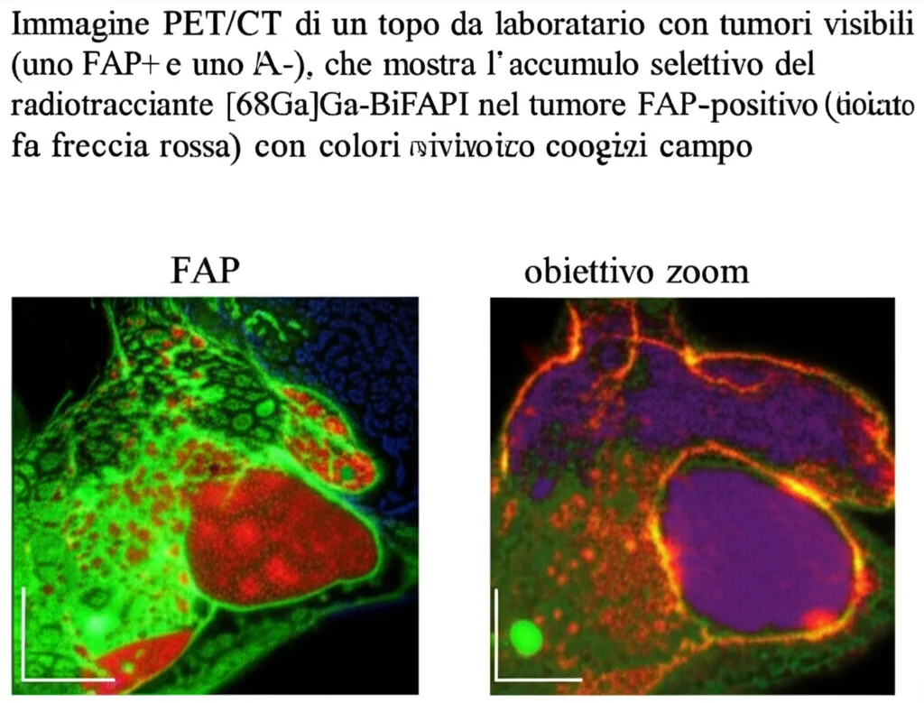 Immagine PET/CT di un topo da laboratorio con tumori visibili (uno FAP+ e uno FAP-), che mostra l'accumulo selettivo del radiotracciante [68Ga]Ga-BiFAPI nel tumore FAP-positivo (indicato da freccia rossa) con colori vivaci, obiettivo zoom 35mm, profondità di campo, contesto di laboratorio medico.