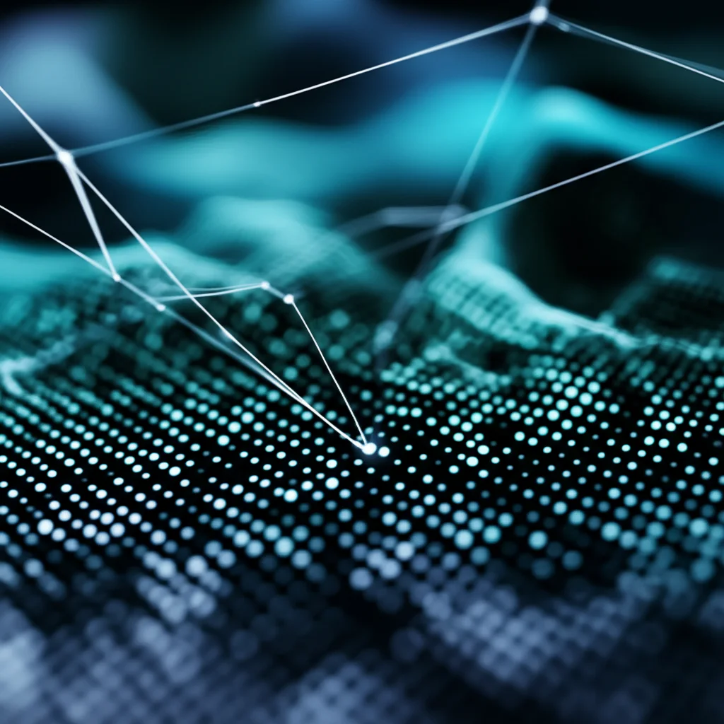 Still life, 60mm Macro lens, high detail, precise focusing, controlled lighting, abstract representation of data points forming complex patterns, with lines suggesting machine learning algorithms finding relationships.