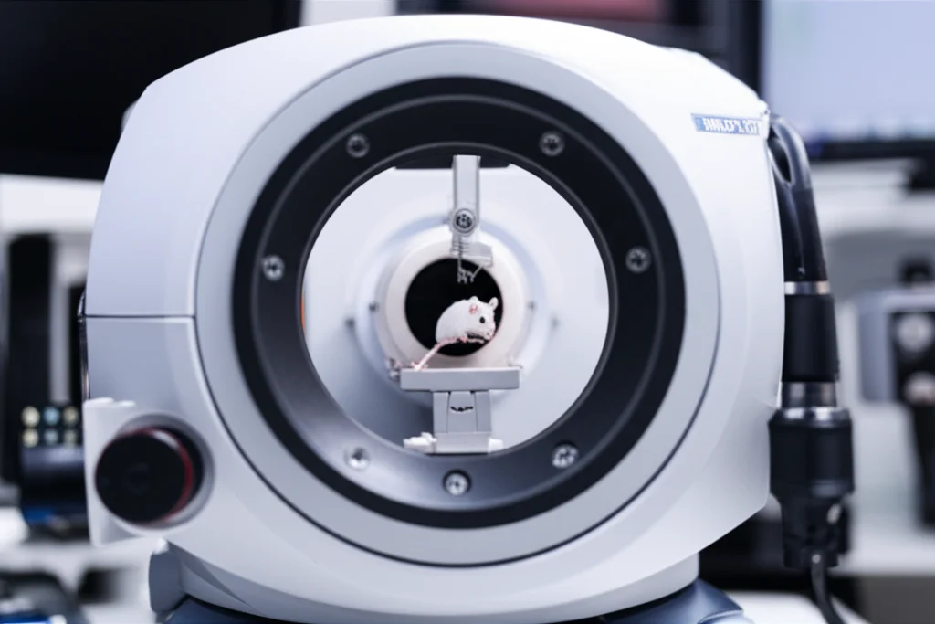 Photorealistic image of a small animal PET scanner with a mouse positioned inside, telephoto zoom, 100mm, precise focusing, controlled lighting, showing the technical setup of an in vivo imaging experiment.