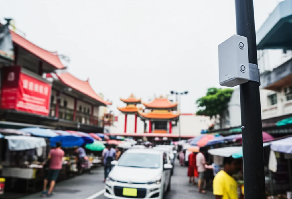 Photorealistic image using a wide-angle lens at 24mm focal length showing a street scene in a bustling Asian community with traditional temples and market stalls visible. A small, unobtrusive air quality sensor is mounted on a lamp post at pedestrian height in the foreground. Sharp focus on the sensor and immediate surroundings, with depth of field blurring the background slightly.