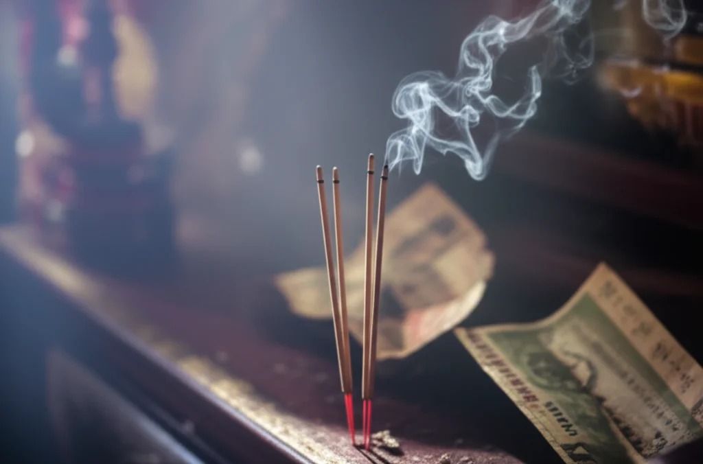 Photorealistic image using a macro lens at 100mm focal length focusing on smoke rising from burning incense sticks and paper money at a traditional Asian temple altar. High detail and precise focusing capture the texture of the smoke and paper, with controlled lighting creating a slightly hazy, atmospheric effect.
