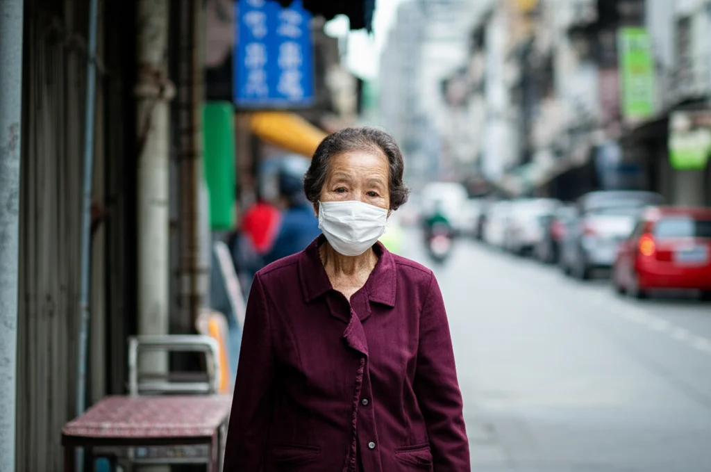 Photorealistic image using a prime lens at 35mm focal length capturing a portrait of an elderly person walking down a street in an Asian community, subtly showing a face mask. Depth of field focuses on the person, blurring the background which hints at street vendors and traffic. The image evokes the concept of daily exposure to air quality.