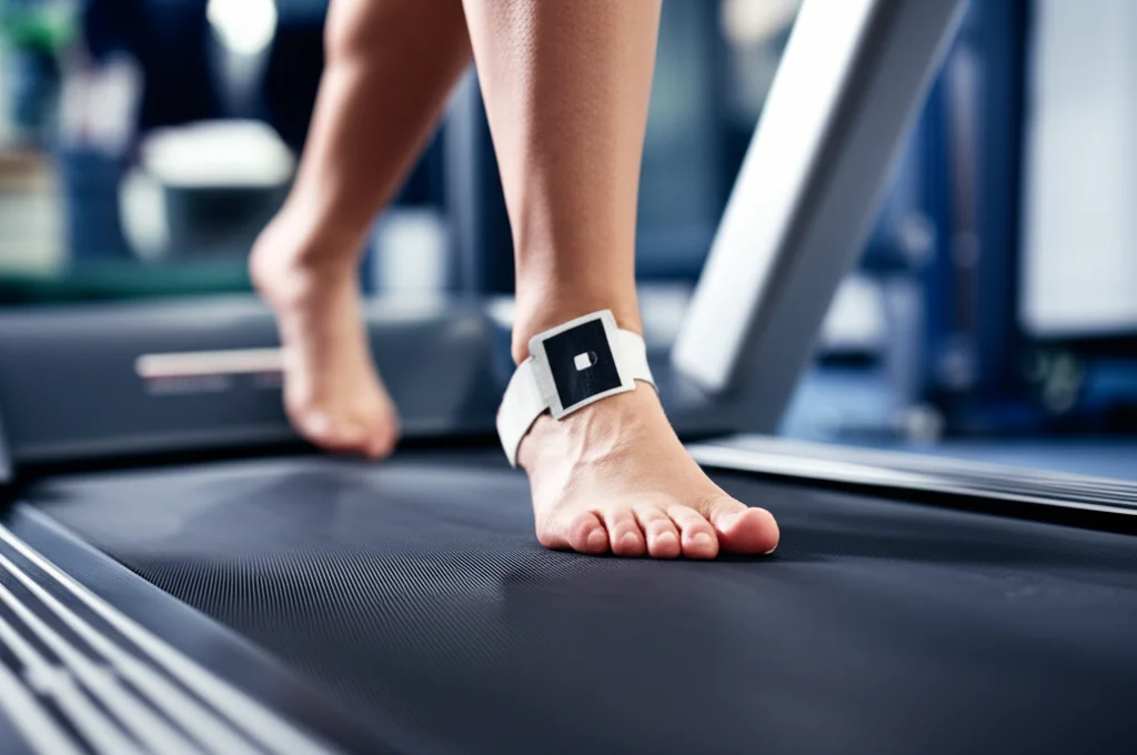 Fotografia macro, 85mm, di un sensore indossabile (IMU) posizionato sulla caviglia di una persona mentre cammina su un tapis roulant in un laboratorio di analisi del movimento. Illuminazione controllata, alta definizione, focus preciso sul sensore e sul movimento.