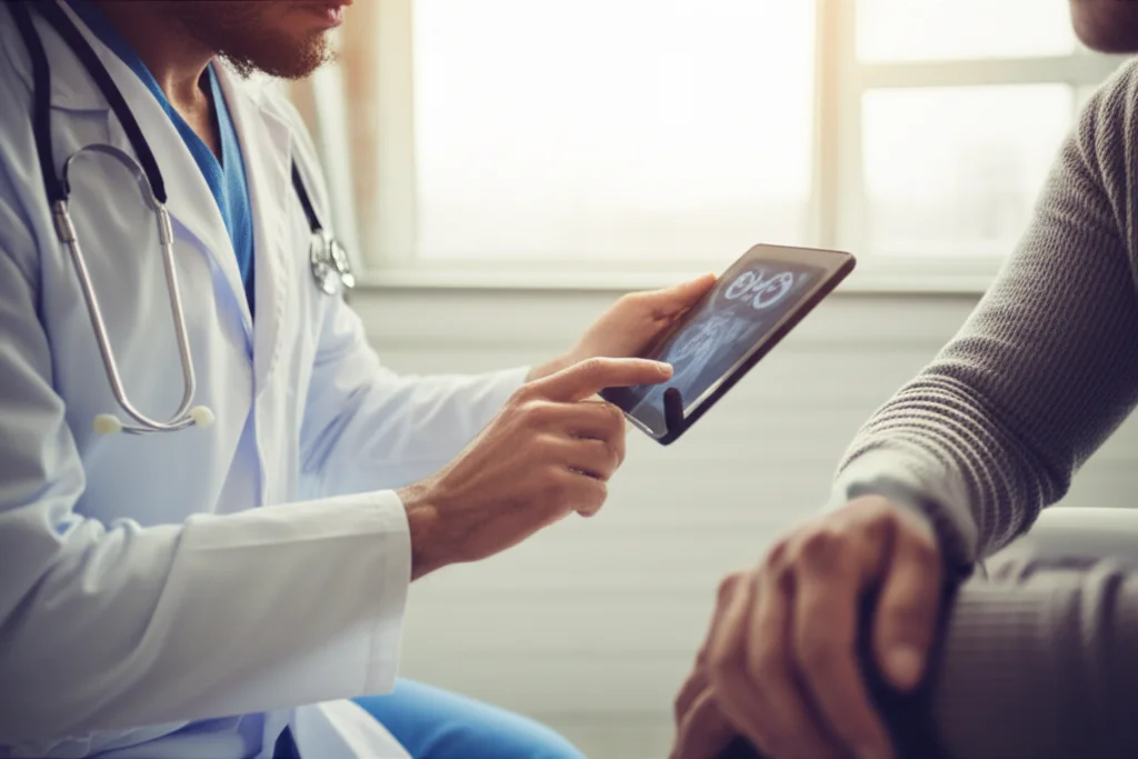 Fotografia di un ambiente clinico moderno, obiettivo 24mm, mostra un medico che utilizza un tablet per analizzare dati neurologici digitali accanto a un paziente. Profondità di campo media, illuminazione naturale da finestra, colori neutri.