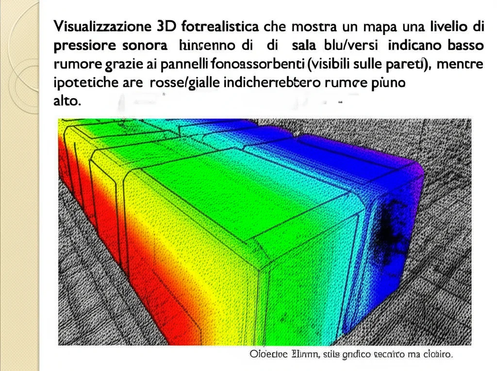 Visualizzazione 3D fotorealistica che mostra una mappa colorata del livello di pressione sonora all'interno di una sala trasformatori. Le aree blu/verdi indicano basso rumore grazie ai pannelli fonoassorbenti (visibili sulle pareti), mentre ipotetiche aree rosse/gialle indicherebbero rumore più alto. Obiettivo 35mm, stile grafico tecnico ma chiaro.