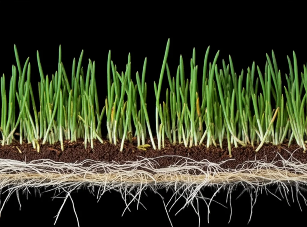 Macro shot of a durum wheat seedling showing roots, stem, and leaves, 60mm macro lens, high detail, precise focusing, controlled lighting