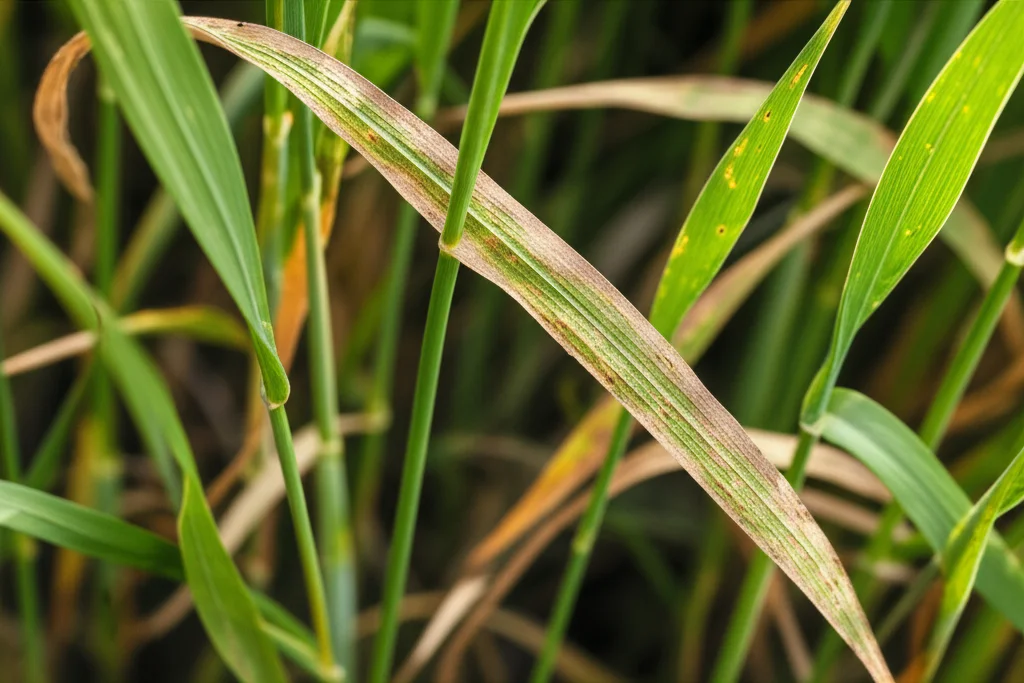 Close-up of durum wheat leaves showing signs of stress (wilting, discoloration) under controlled lighting, 105mm macro lens, high detail, precise focusing