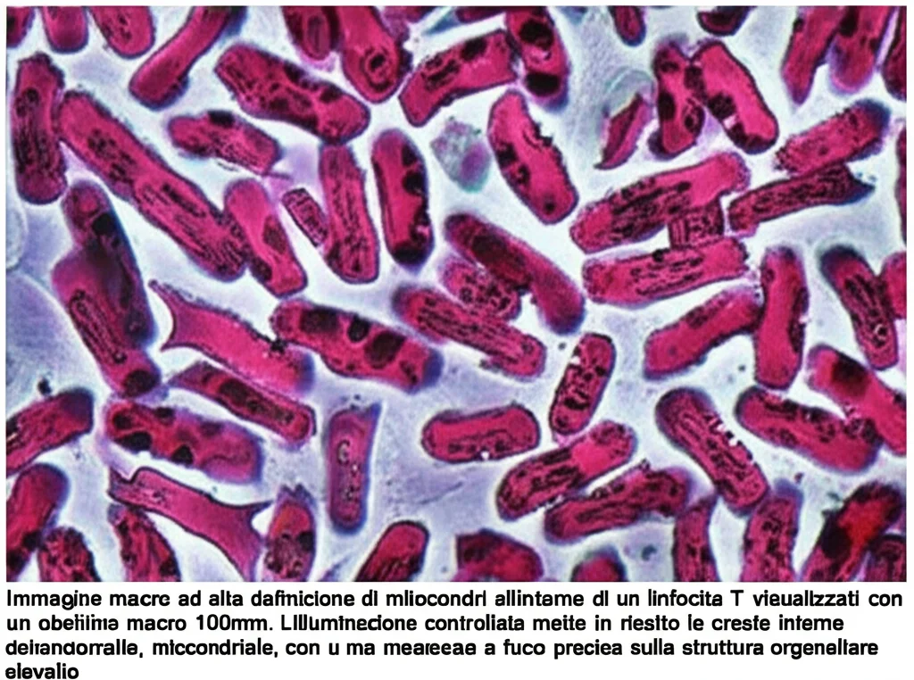 Immagine macro ad alta definizione di mitocondri all'interno di un linfocita T, visualizzati con un obiettivo macro 100mm. L'illuminazione controllata mette in risalto le creste interne della membrana mitocondriale, con una messa a fuoco precisa sulla struttura organellare. Dettaglio elevato.