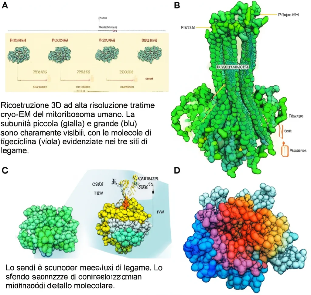 Ricostruzione 3D ad alta risoluzione tramite cryo-EM del mitoribosoma umano. La subunità piccola (gialla) e grande (blu) sono chiaramente visibili, con le molecole di tigeciclina (viola) evidenziate nei tre siti di legame. Lo sfondo è scuro per massimizzare il contrasto e il dettaglio molecolare.