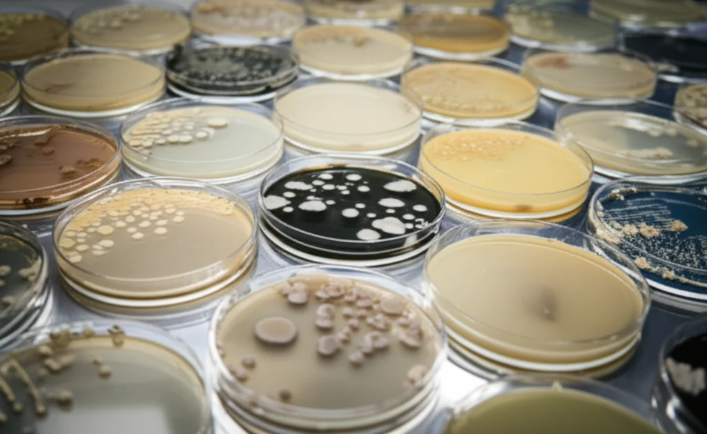 Still life photo showing rows of yeast cultures on petri dishes, some thriving under stress conditions, others not, controlled lighting, 60mm macro lens