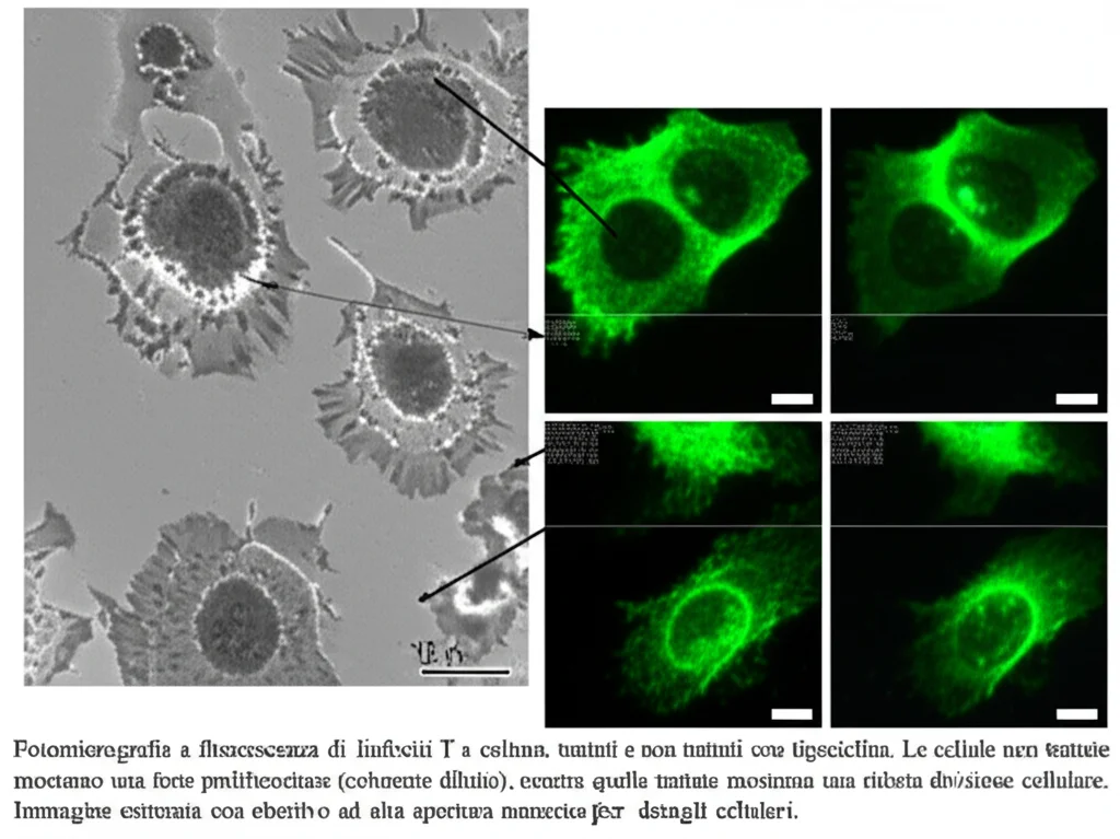 Fotomicrografia a fluorescenza di linfociti T umani in coltura, trattati e non trattati con tigeciclina. Le cellule non trattate mostrano una forte proliferazione (colorante diluito), mentre quelle trattate mostrano una ridotta divisione cellulare. Immagine catturata con obiettivo ad alta apertura numerica per dettagli cellulari.