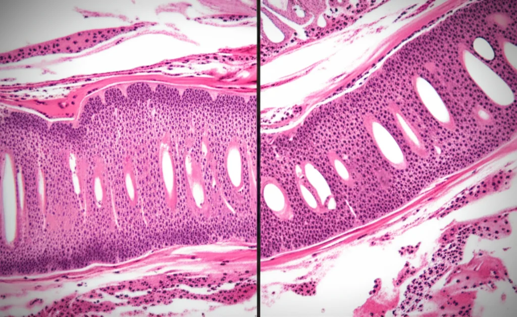 Microscopic view of inflamed colon tissue next to healthy colon tissue, macro lens, 100mm, high detail, controlled lighting.