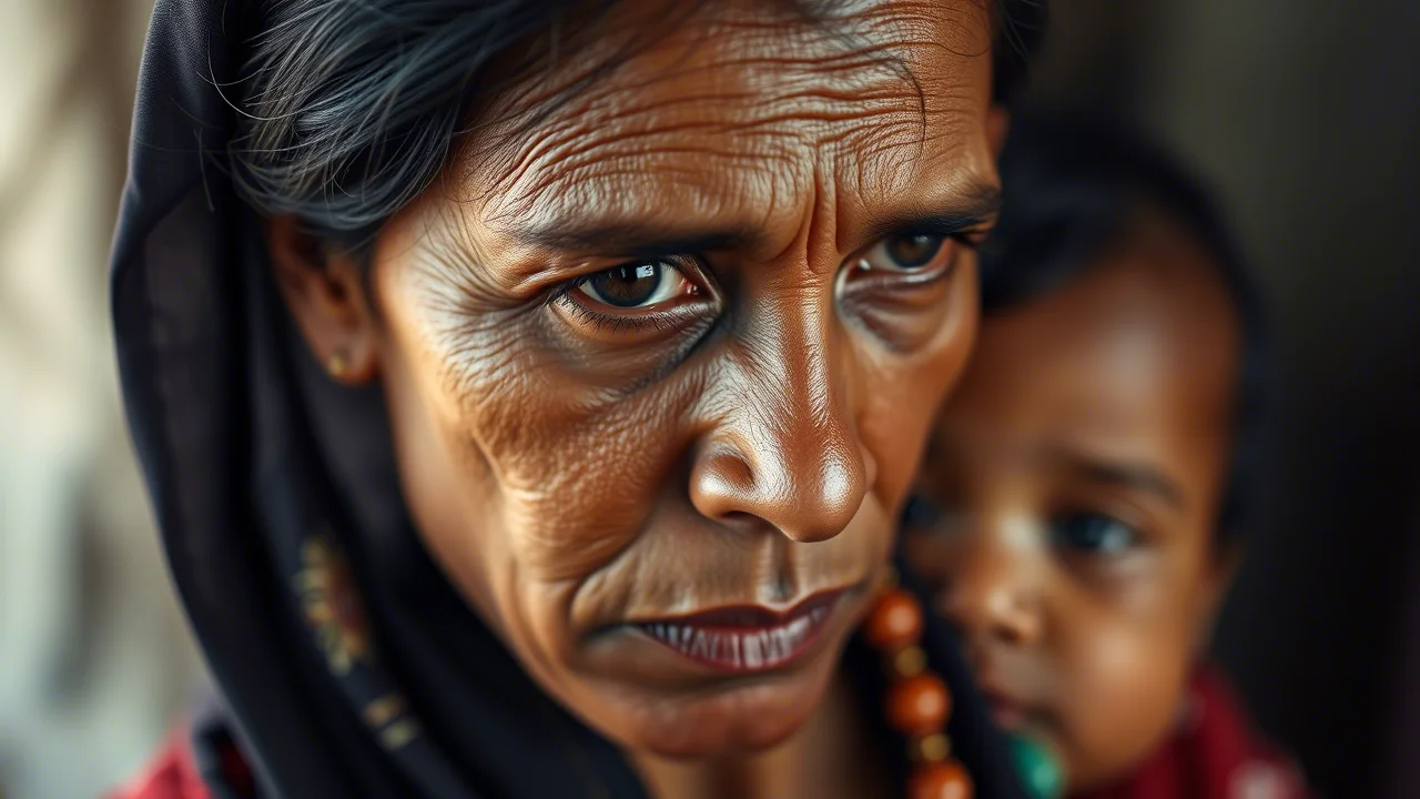 Photorealistic portrait of a Bangladeshi mother looking weary but determined, child slightly out of focus in the background, 35mm portrait, subtle depth of field, soft natural light.