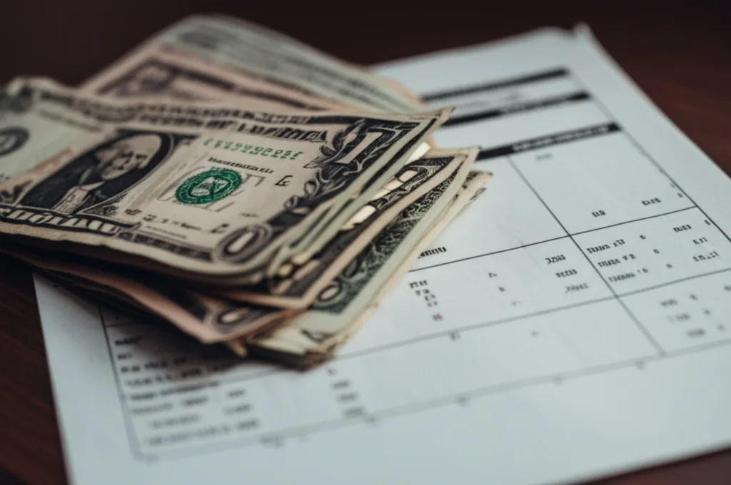 Photorealistic still life, close-up of a stack of medical bills and a small amount of currency on a table, 60mm macro lens, precise focusing, controlled lighting, somber lighting.